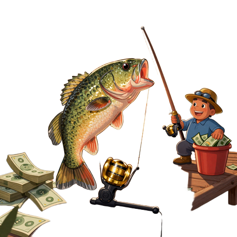 Big Bass Bonanza Angeln-Slot mit springendem Fisch und Geldscheinen