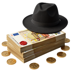 Goldenes B&uuml;ndel Euro-Banknoten mit Fedora als Symbol f&uuml;r den Willkommensbonus
