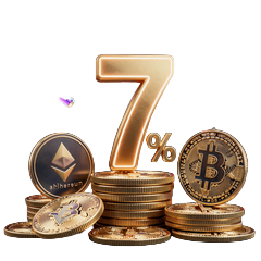 Crypto-Coins BTC ETH USDT mit 7 Prozent Bonus-Schild f&uuml;r wager-free Crypto Bonus